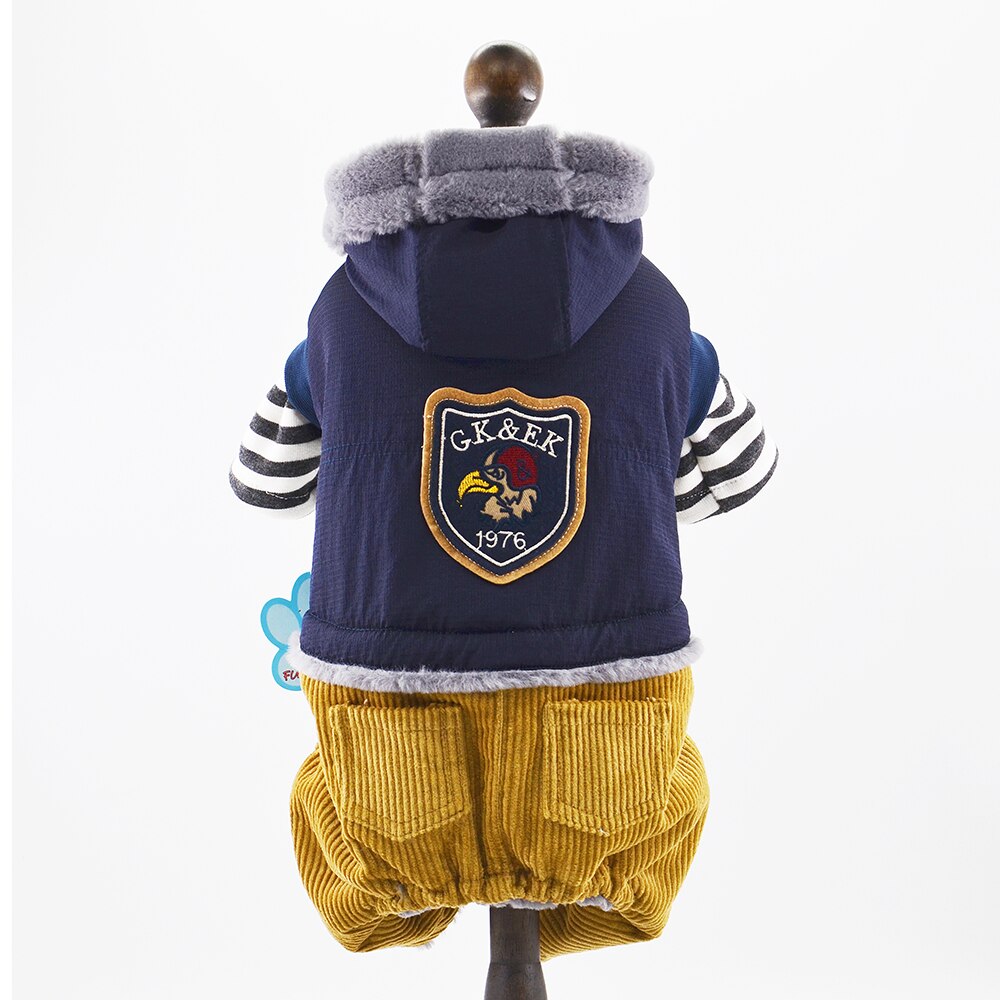 Jongen Hond Kat Jasje met Uil Badge Kat Puppy Fleece Jumpsuit Hoodie Winter Warm Apperal: Navy Blue / XL