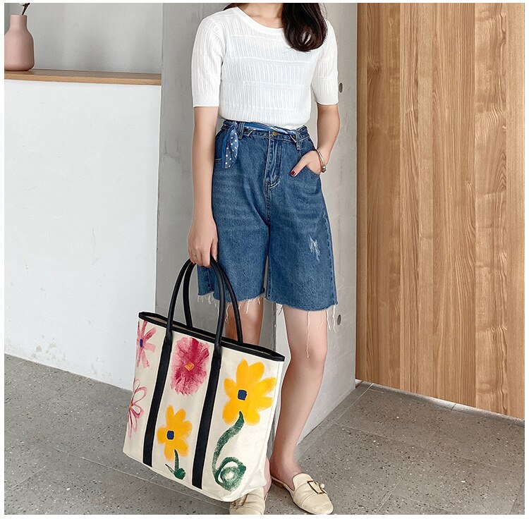 Shoulder Bags Women's Bag Canvas Graffiti Flower Bag Hand Bill Shoulder Large-capacity Shopping Bag Daisy Tote Bag Handbags