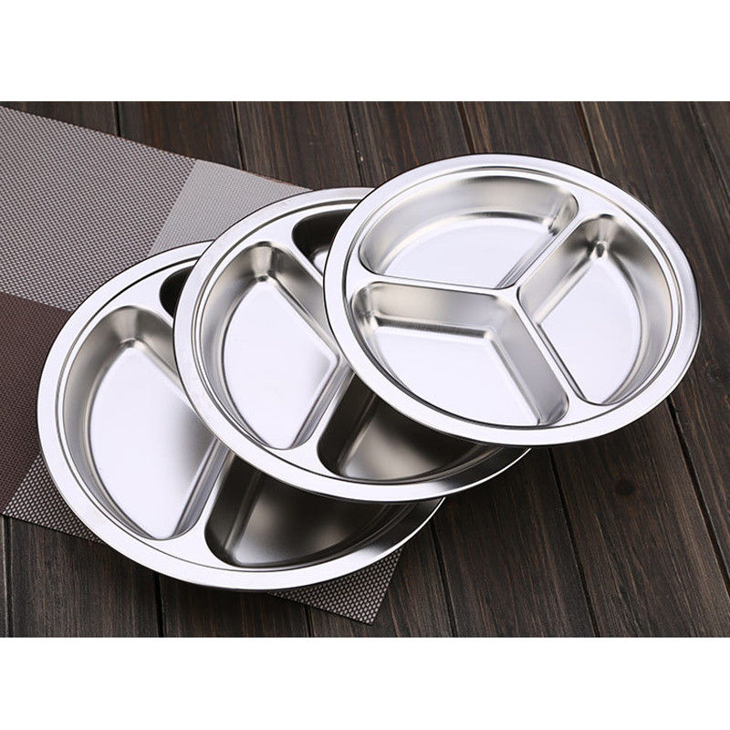 Stainless Steel 3 Sections Round Divided Dish Dia 22/24/26cm Snack Dinner Plate Divided Dish Snack Dinner Plate Kitchen Tools