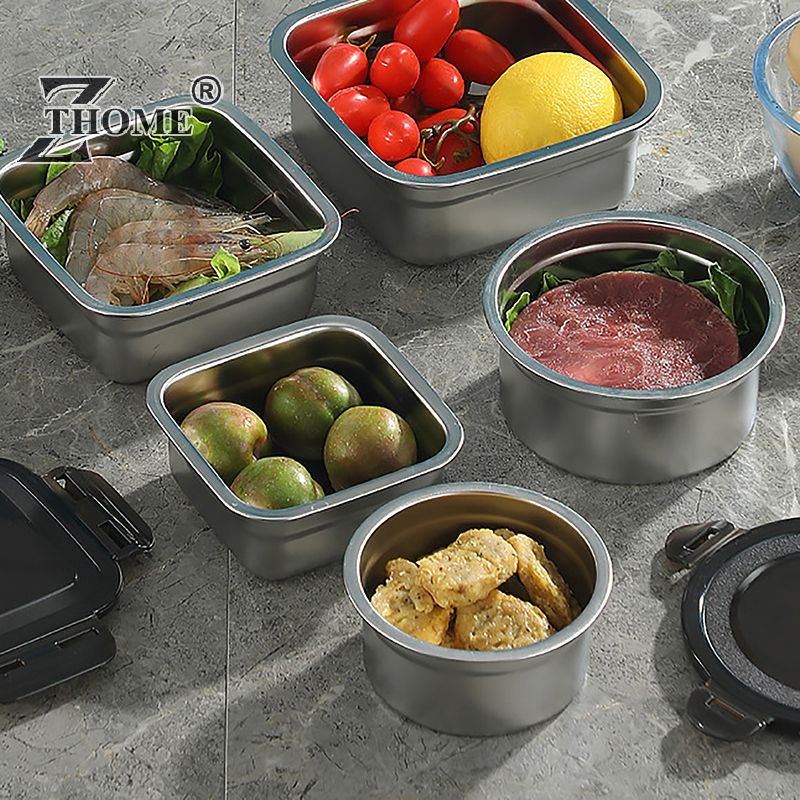 Roestvrijstalen Voedselcontainer Vers Bewaardoos Verzegeld Deksel Crisper Lunch Maaltijd Voorbereiding Opslag Koelkast Keuken Set Ronde Vierkante Kom