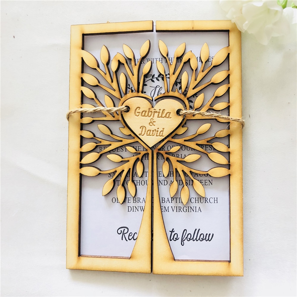 Invitations de mariage personnalisées en bois | Invitations de mariage et de fiançailles personnalisées faites à la main, cartes d'invitation gravées d'arbre de mariage