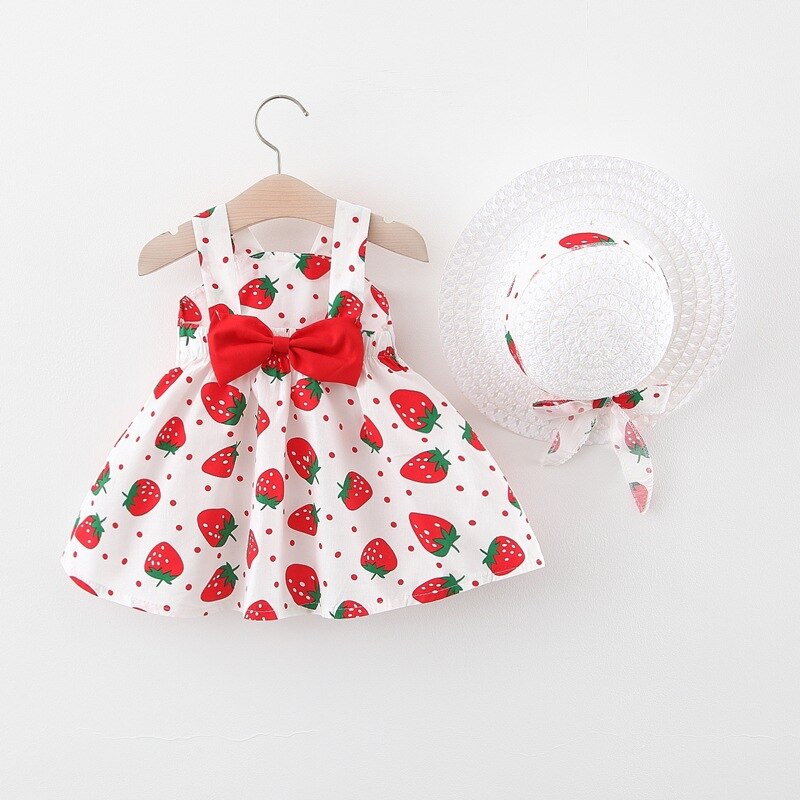 Vestido de verano de fresa con sombrero para bebé, con lazo grande, línea A, ropa de verano para niña, Vestido de playa infantil para bebés