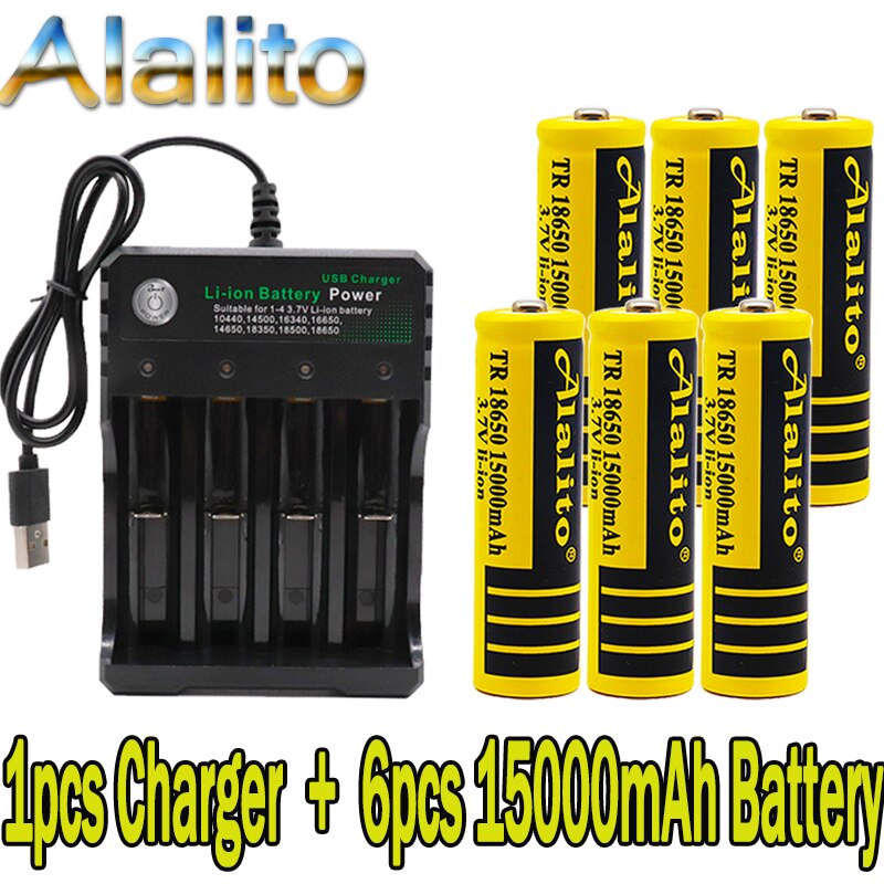 18650 battery 3.7V 15000mAh rechargeable liion battery for Led flashlight battery 18650 battery +USB charger: Blue