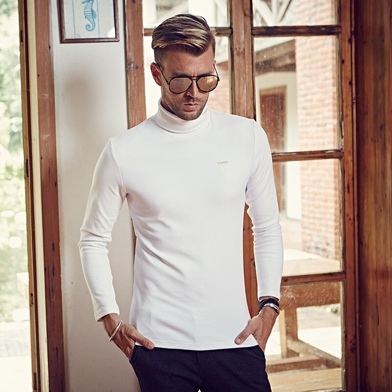 Enjeolon Men Thick Long Sleeved T-shirt Slim Fit Solid Color Turtleneck shirt Simplicity Print Tshirt RST1817