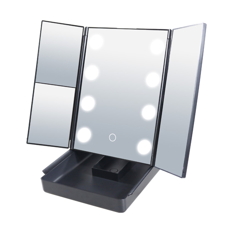 Trifold Led Makeup Mirror with Storage Box Vanity Lighted Mirrors 180 Degree Rotatable for Home Bedroom Bathroom Travel: 8LED