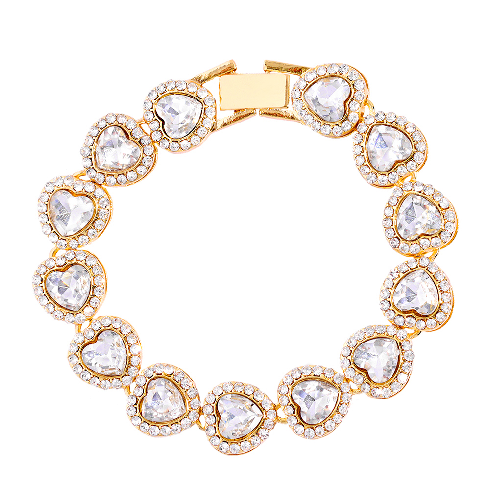 Crystal Heart Cuban Link Ketting Armband Voor Vrouwen Full Strass Hiphop Luxe Bling Chunky Armband Bruiloft Sieraden Cadeau: Donker Goud