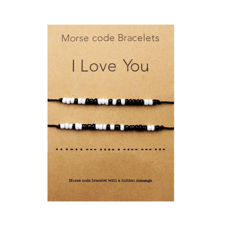 I Love You Morse Code Bracelet Couples Matching Bracelets for Him and Her Boyfriend and Girlfriend Mother and Daughter: 2pcs with card