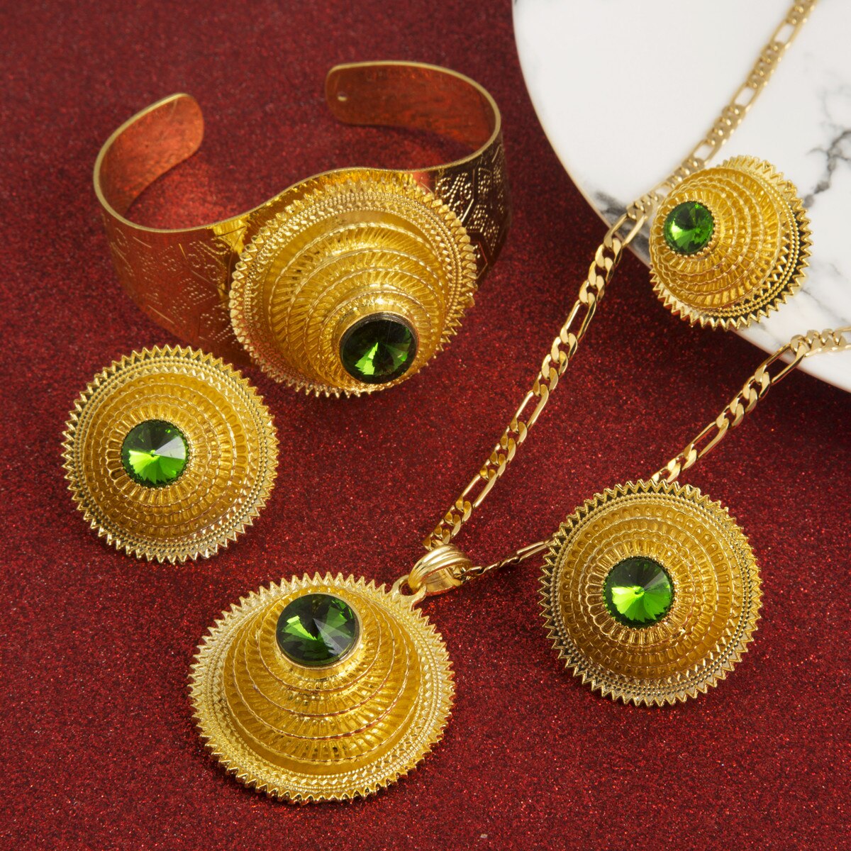 Set di gioielli da sposa con collana con ciondolo in zircone rosso oro etiopia per orecchini da donna con anelli etnici etiopi in Africa