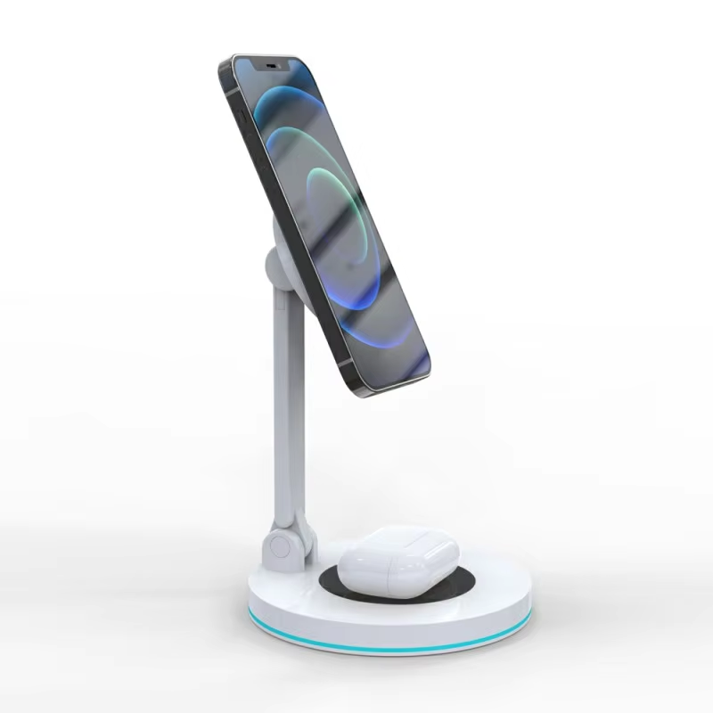 15W Draadloze Oplader Standaard - Opvouwbare 2-in-1 Magnetische Snellader Dock voor iPhone & Oortjes: Wit