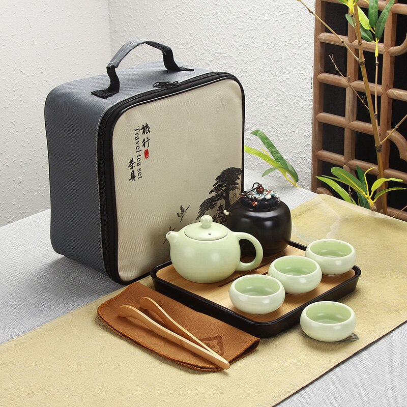 Portable Chinese Travel Kung Fu Tea Set Ceramic Teapot Porcelain Teaset Gaiwan Tea Cups of Tea Ceremony Tea Pot With Travel Bag: A-Green