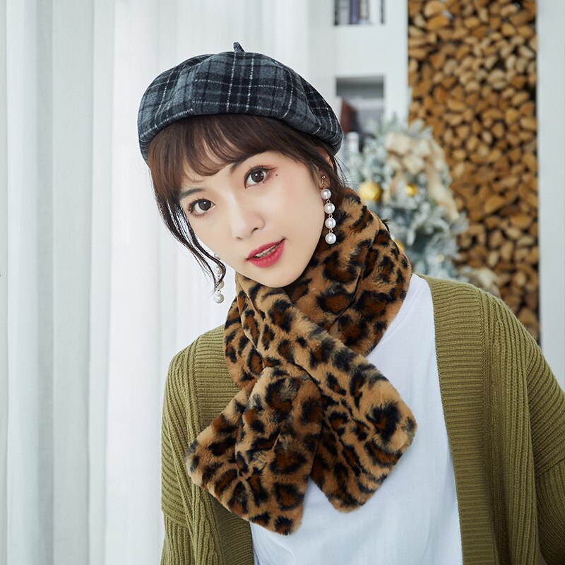 Châle d'hiver en fourrure de Faux lapin | Écharpe pour bague, écharpe épaisse, peluche chaude, couleur unie, collier chauffe-cou, châle féminin,: Coffee Leopard