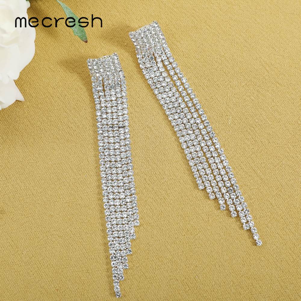 Mecresh Kristall Frauen Tropfen Ohrring Silber Farbe Braut Lange Quaste Ohrring Ohne durchbohren Clip Auf Hochzeit Party Ohrringe äh424