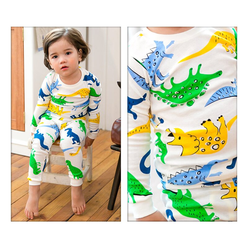 Boys' Printing Cartoon Dinosaur Children's Pajamas Long-Sleeved Round Collar Casual Set Kids Sleepwear Nightwear Outfit