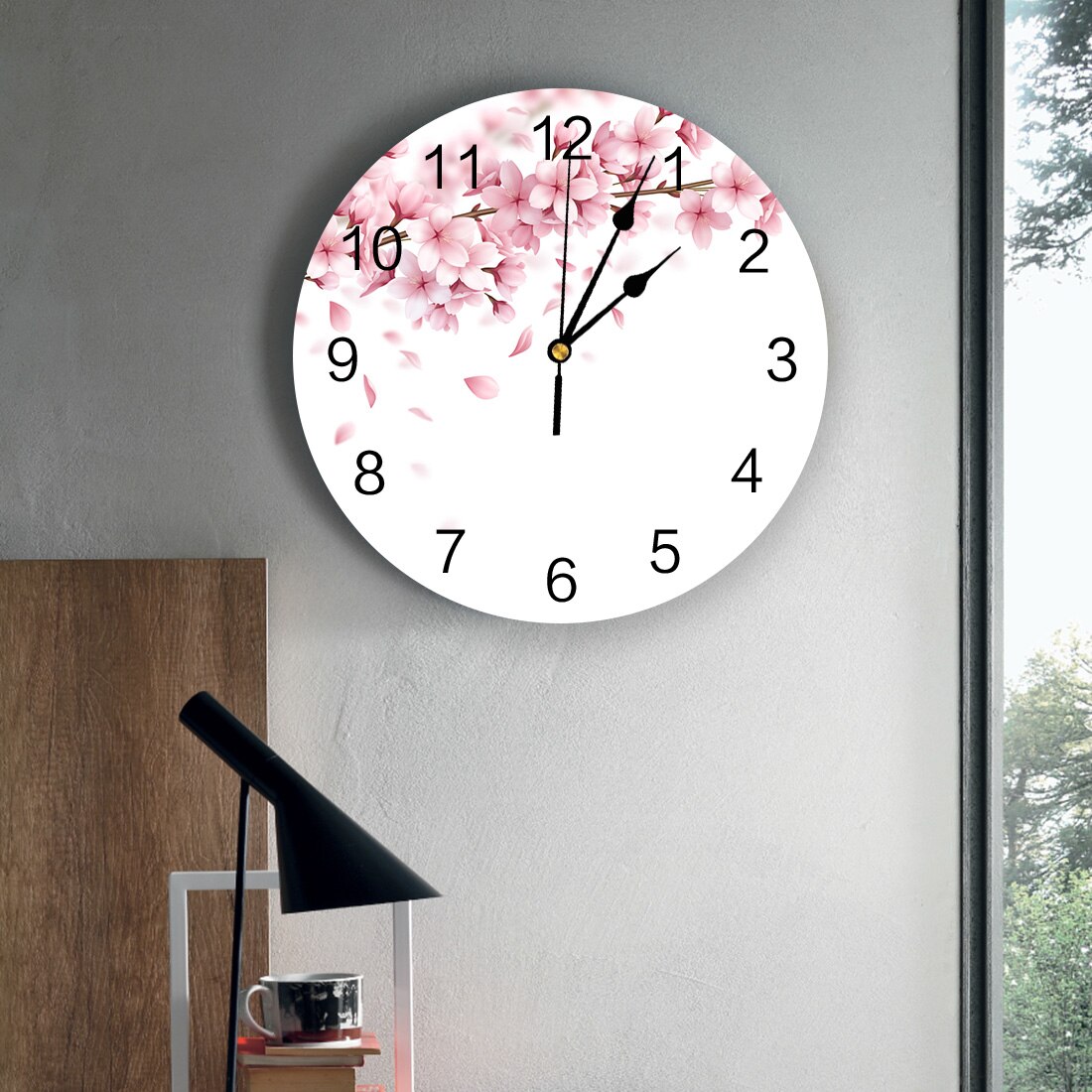 Cherry Blossom Pink Illustration Wall Clock Living Room Decor Home Bedroom Decor PVC Wall Watch Circular Wall Digital Clock