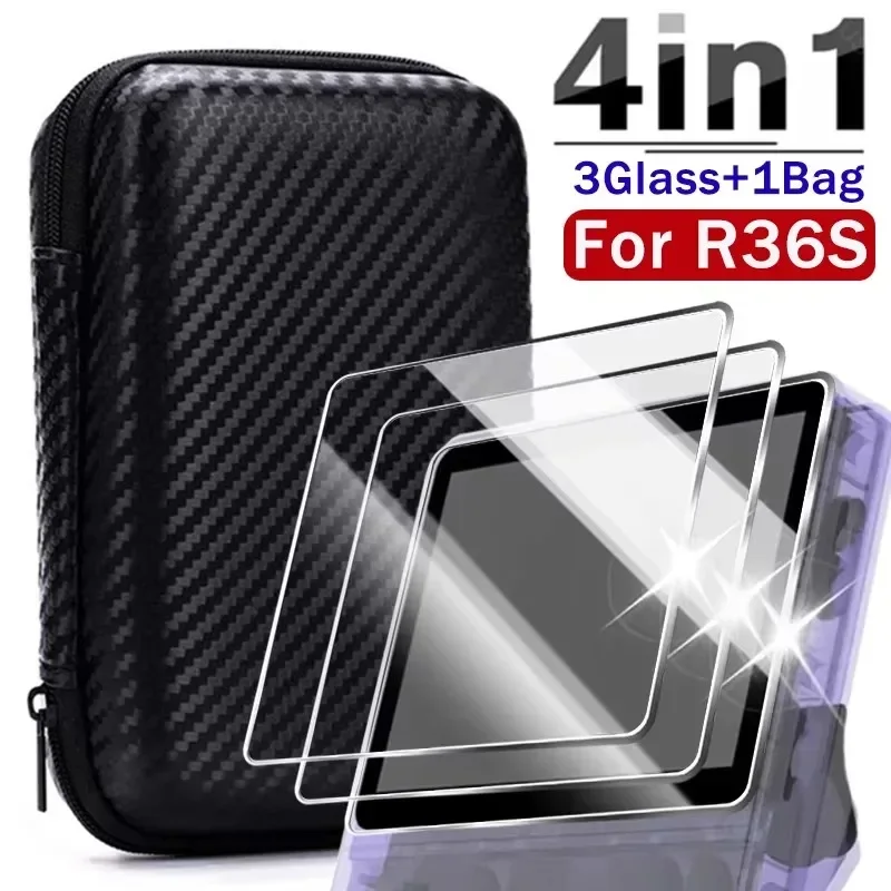 Bolsa com tela para console de jogos r36s, kit de acessórios protetores de tela, filme de vidro temperado e bolsa de armazenamento portátil eva: Vermelho