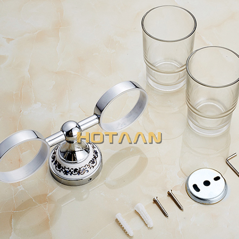 Chrome Color Tumbler Holders Double Glass Cup Holders Wall-mount Toothbrush Tooth Cup Holders Bathroom Accessories Hardware