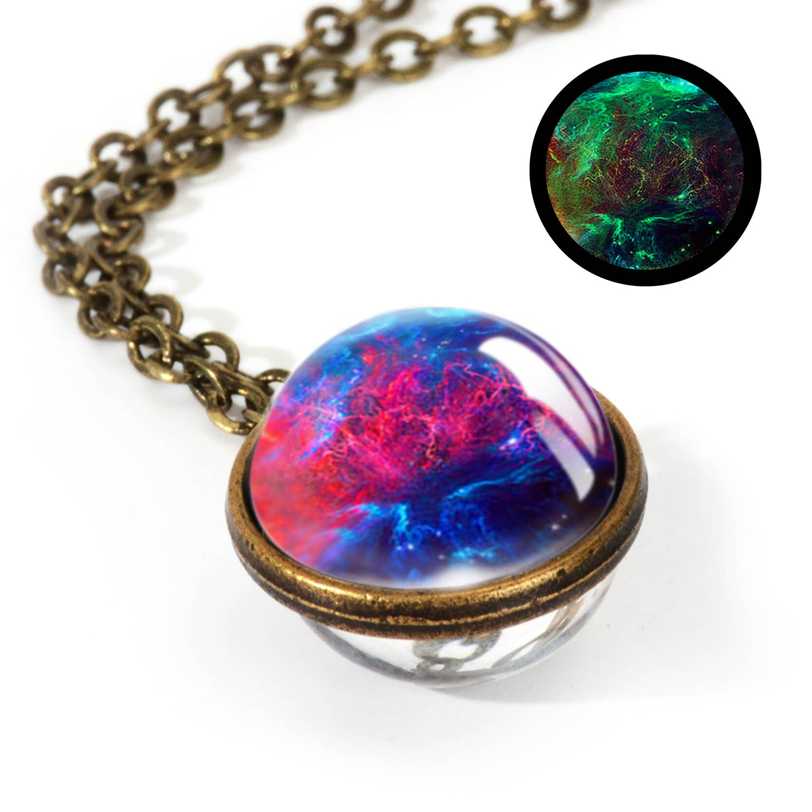 Nebula Galaxy Double Sided Pendant Necklace Universe Planet Jewelry Glass Art Picture Handmade Statement Necklace: LGS0032-Luminous