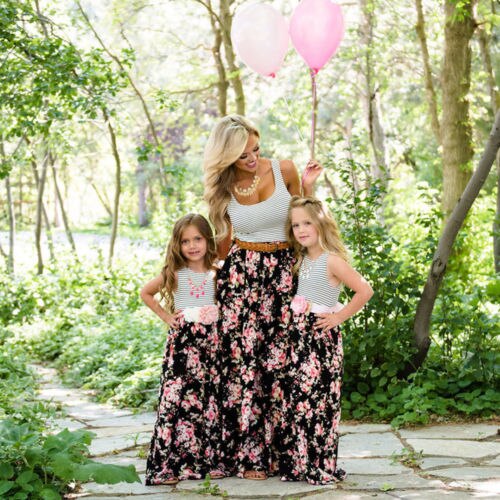 Mother Matching Clothes Formal Mom Parent Long Dress Outfits Summer Sleeveless Patchwork Floral Dresses