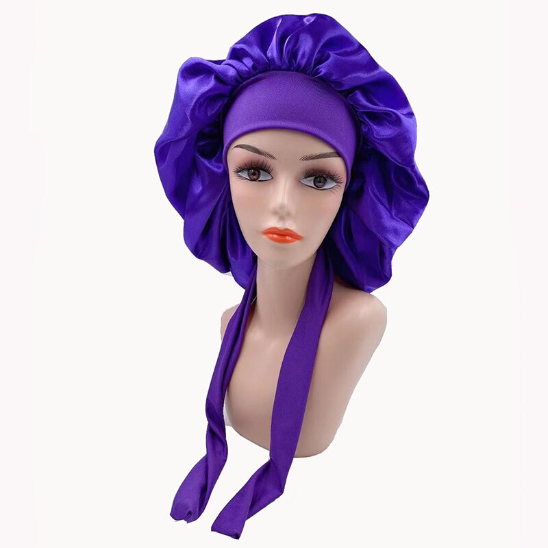 Women Night Sleep Cap Satin Solid Sleeping Hat Hair Care Bonnet Nightcap Unisex Head Cover Caps Shower Turban Wide Elastic Band: Dark Purple