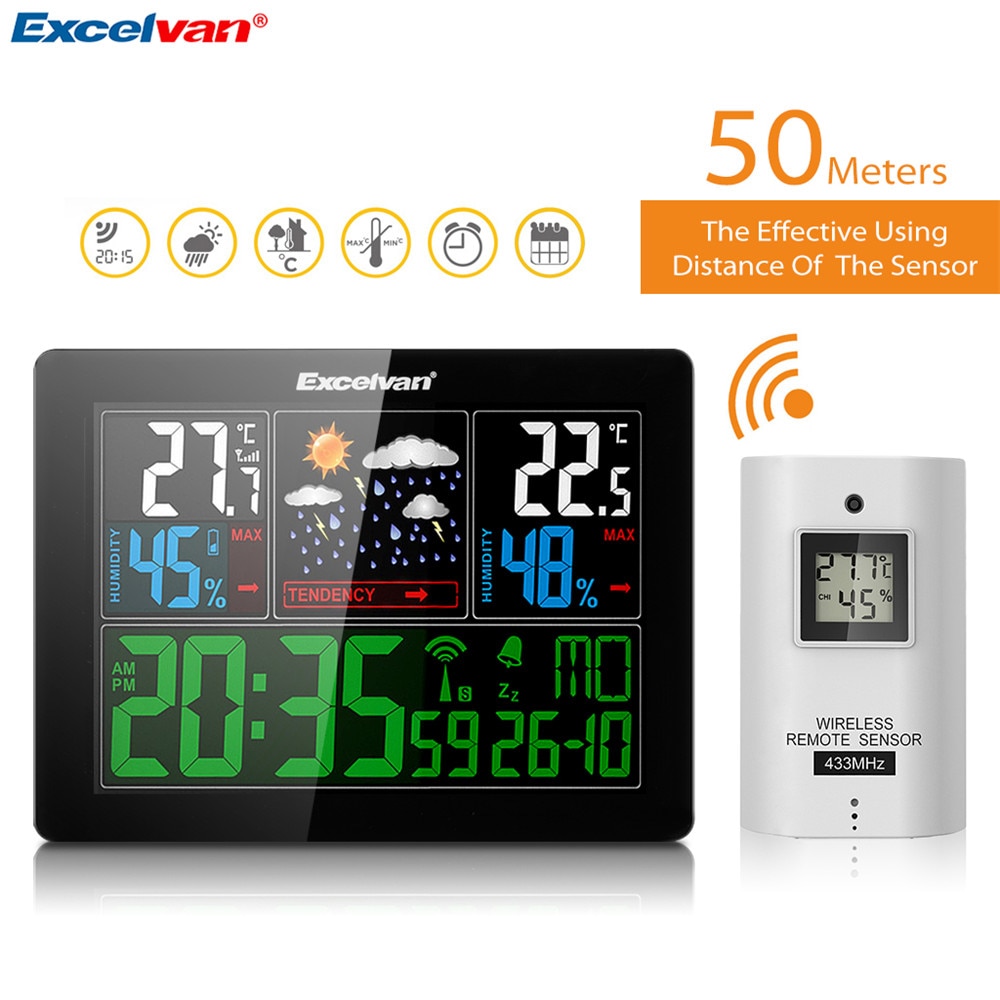 EXCELVAN COLOR Wireless Weather Station With Forecast Temperature Humidity EU Plug Alarm and Snooze Thermometer Hygrometer Clock