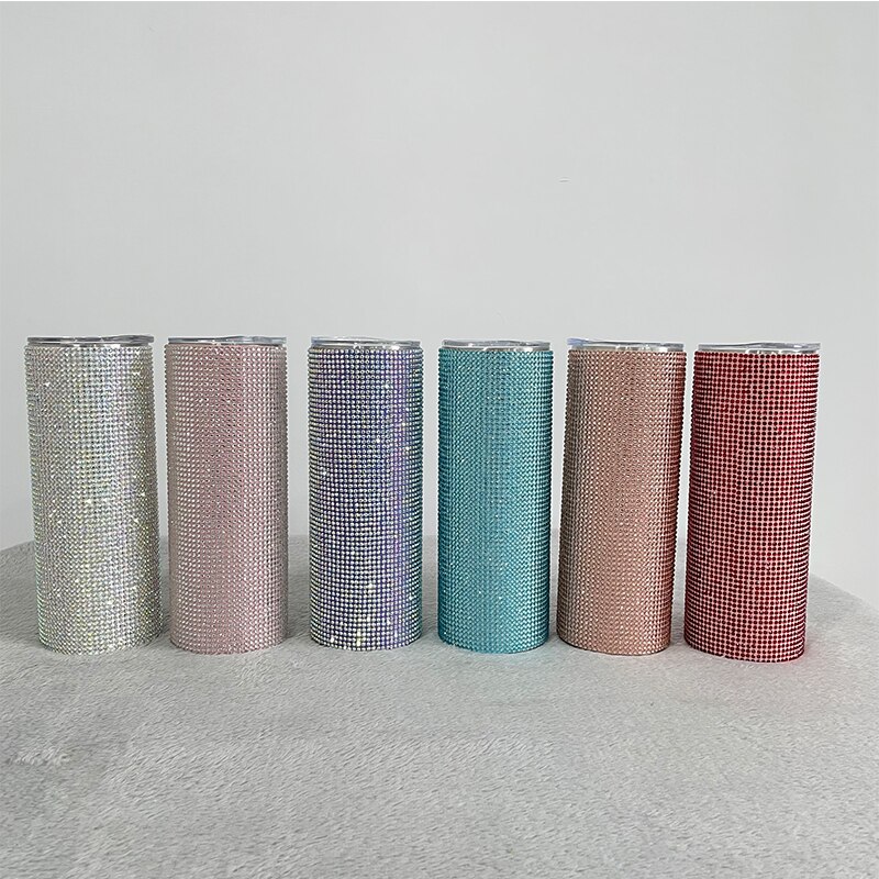 Luxury Diamond 20oz Bling Rhinestone Crystal skinny Tumbler Double Walled Insulated Stainless Steel Skinny Thermo With Lid Straw