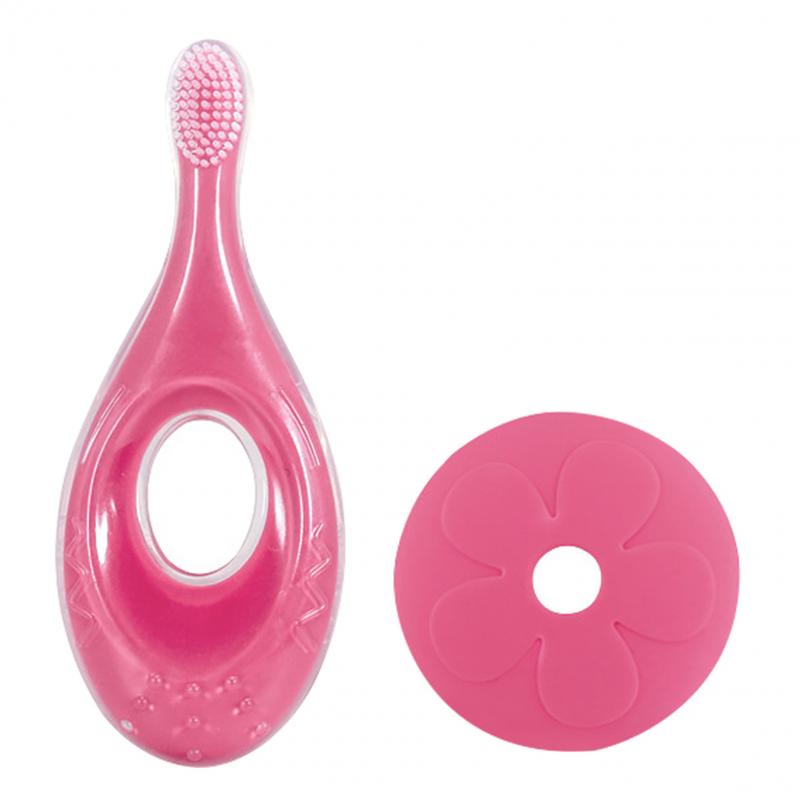 Baby Toothbrush Toddler Infant Soft Silicone With Baffle Gum Care Short Handle Toothbrush Baby Care Sppulies: Rose