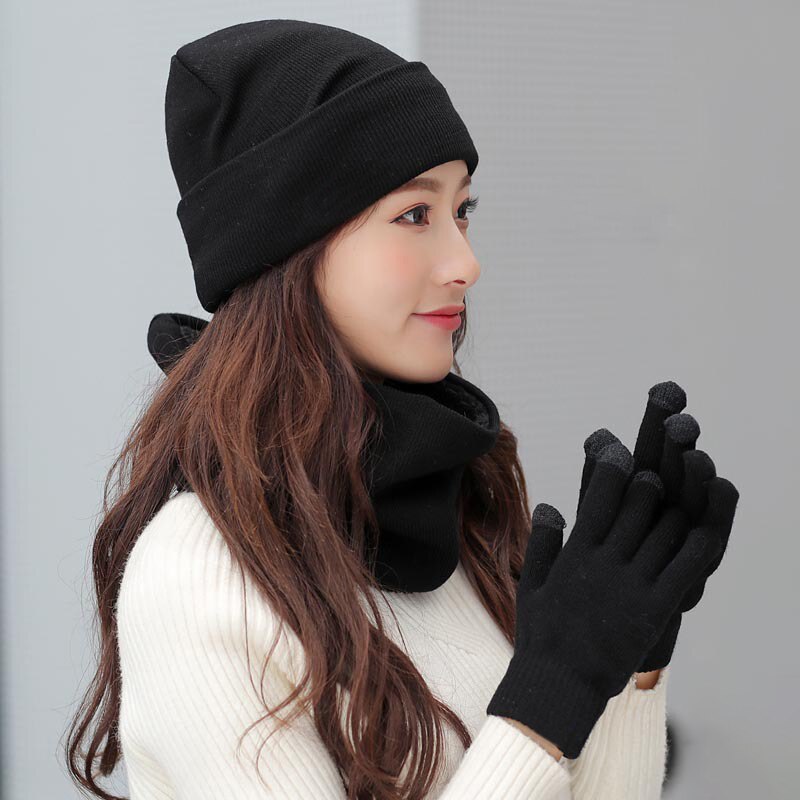Kvinder vinterhuer tørklæder handsker kit strikket plus fløjlshue tørklædesæt til mandlige kvinder 3 stk/sæt huer tørklædehandske