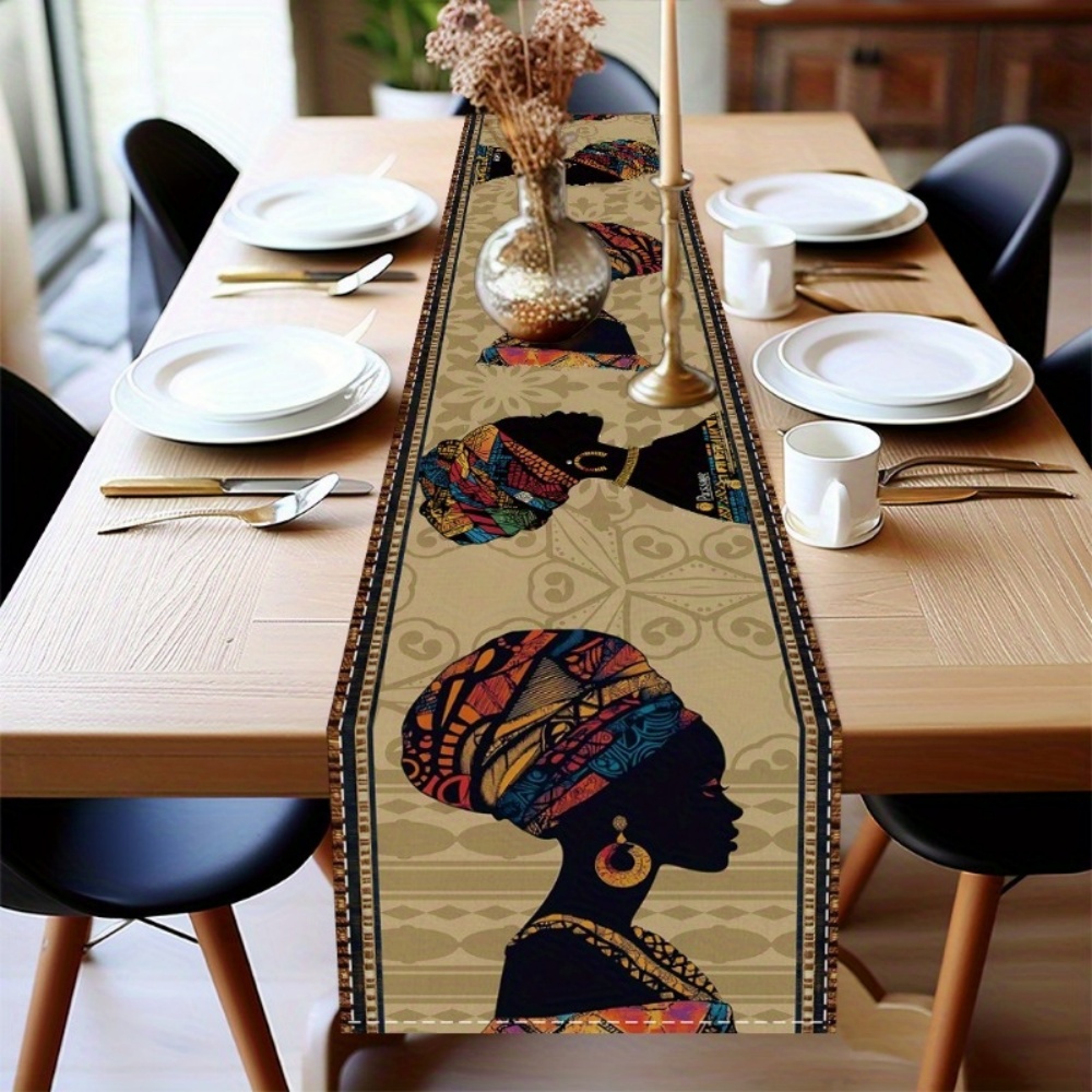 Bordlöpare med silhuett av 1pc afrikanska kvinnor - livfull afrikanskinspirerad polyesterrektangulär bordsflagga med kulturell konstnärlighet