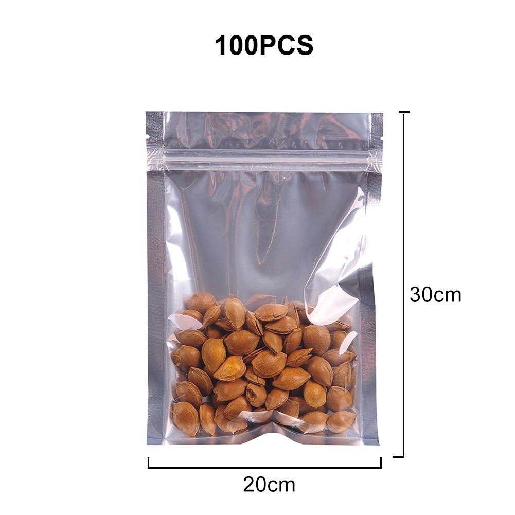 100 kpl kirkas alumiinifolio pussi itsesuljettava vetoketju vetoketju pakkaus ruokapussi vähittäismyynti uudelleensuljettava leivontapakkaus pussipussi: 20 x 30cm