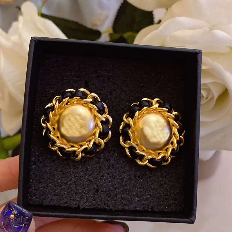 Japan Vintage Round Stone Big Stud Earrings For Women Temperament Simulated Pearl Brinco