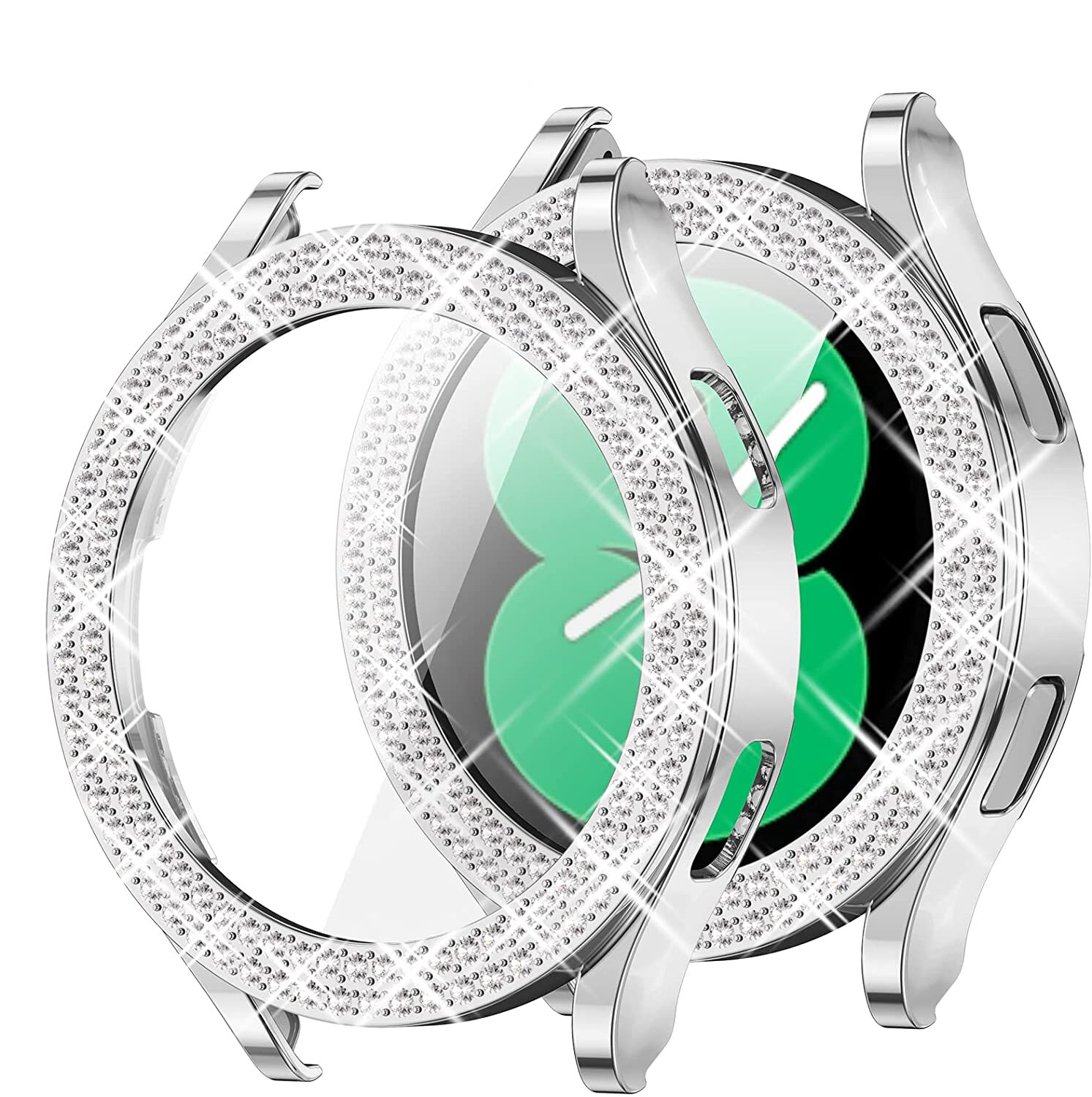 Cover for samsung Galaxy watch 4 Case Accessories Anti-fall Bling Double Diamond PC bumper protector Galaxy watch 4 44mm 40mm: silver / Galaxy watch 4 40mm