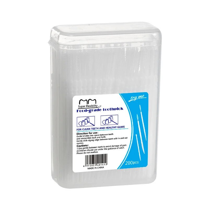 Pennello per stuzzicadenti in plastica 200 pezzi stuzzicadenti in scatola di plastica usa e getta per uso domestico spazzolino interdentale per la raccolta dei denti filo interdentale: bianca