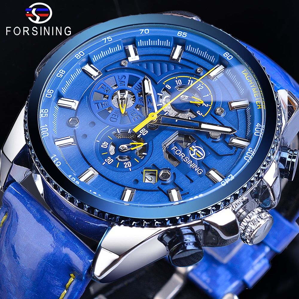 Forsining Cool Automatische Horloge Heren Blue Luxe Staal 3 Sub Dial Analoge Datum Dag Polish Lederen Band Klok Mechanische horloges