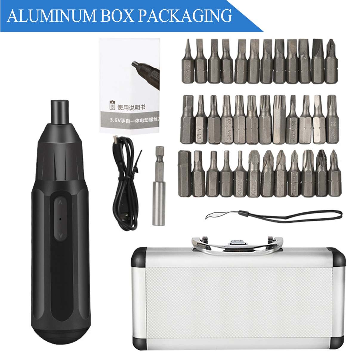 3.6V Mini Electric Screwdriver Set Cordless Electric Screwdriver Handle Drill with 36+1 Bit Set USB Rechargeable: alu