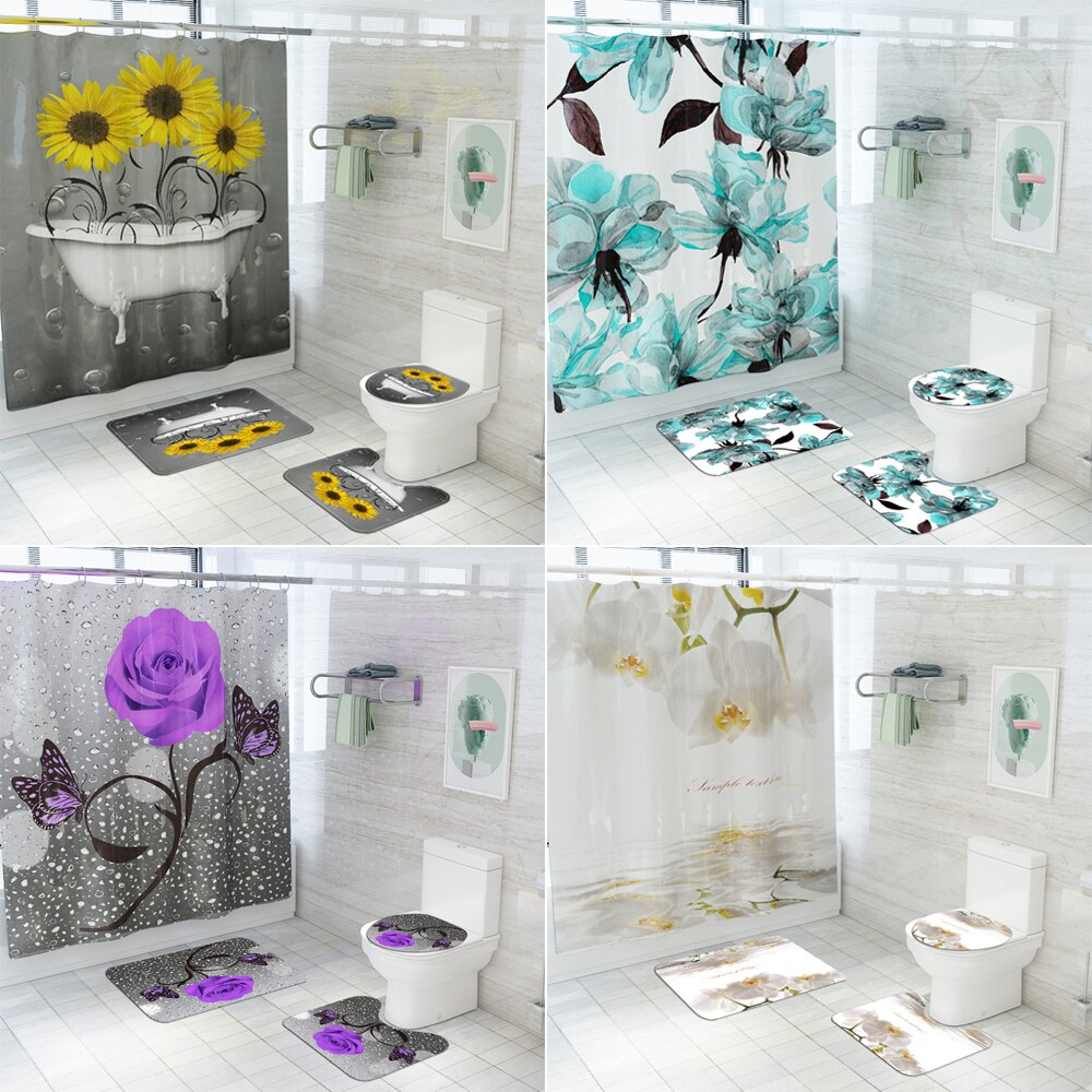 180 x 180cm natuurbloemen waterdichte polyester douchegordijnen badkamergordijnen sets toiletmat antislip badmat set