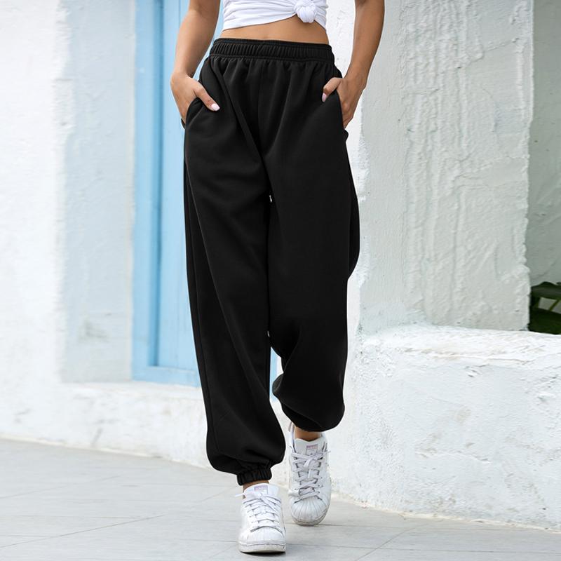 Plissee Elastische Hohe Taille Schlauch Jogger Frauen Taschen Einfarbig lässig ausgebeult Jogginghose Harajuku Laufsport Schlauch: Schwarz / XL