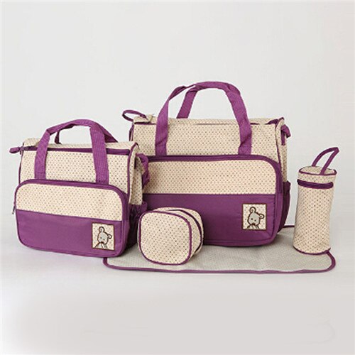 5Pcs/set Diaper Bag Suits For Mom Baby Bottle Holder Mummy Cart Pram Nappy Stroller Maternity Trolley Nappy Bag Sets: Purple