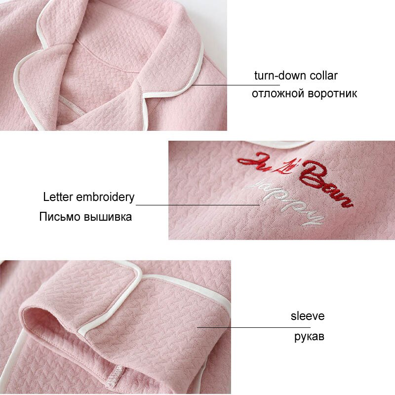 Conjunto de pijamas de algodón para mujer, ropa de dormir cálida de invierno, con bordado de letras, traje de manga larga y pantalones,