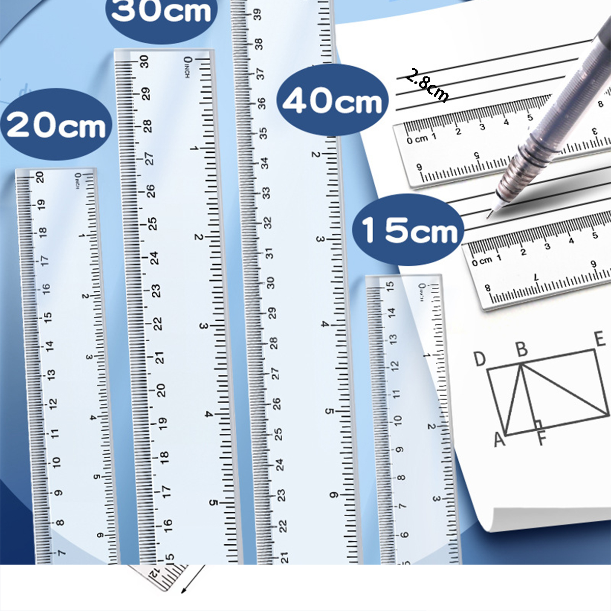 15/20/30cm genomskinliga plastlinjaler blå färg enkelt bärbart verktyg sött för studentskola och kontorsmaterial