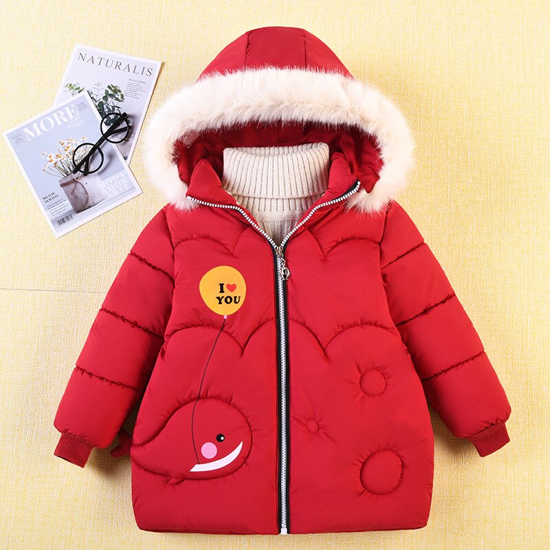 Winter Verdikking En Fluwelen Warm En Winddicht Leuke Walvis Hooded Multicolor Bovenkleding Jongens En Meisjes Katoenen Jas: Red / 3T