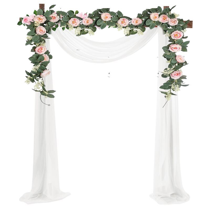 Artificial Wedding Arch Flowers Garland With 18Ft Semi-Sheer Draping Curtain For Ceremony And Reception Backdrop Decoration