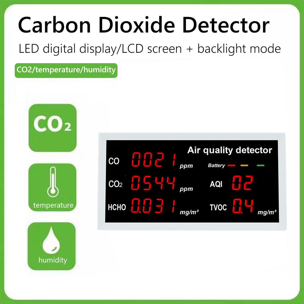 Meter Digital Temperature Tester 5 in 1 Indoor Air Monitor Rechargeable CO CO2 HCHO TVOC AQI Detector