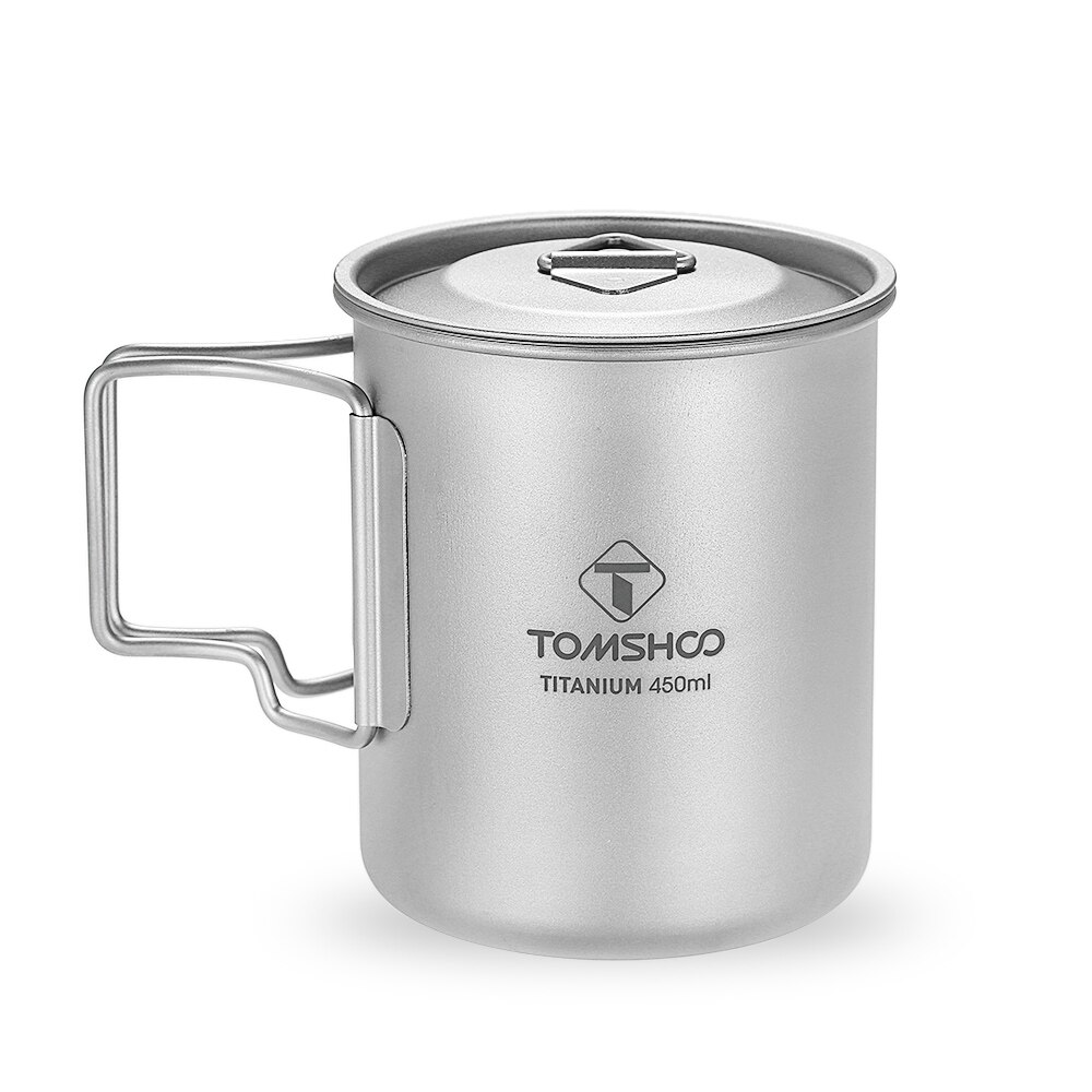 Tomshoo 450Ml Titanium Cup Water Cup Mok Met Deksel Opvouwbare Handvat Titanium Vouwen Lepel Spork Outdoor Draagbare Camping Picknick: Titanium Cup