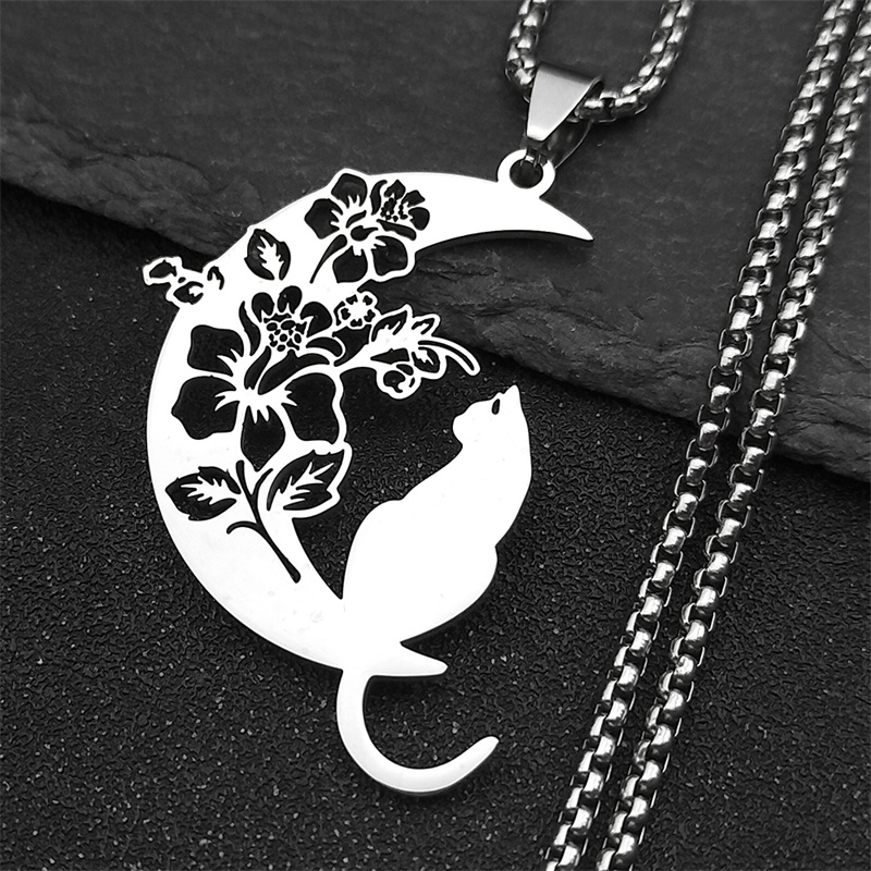 Collar estético de gato, flor, Luna y media luna para mujeres y hombres, cadena bohemia de Color plateado de acero inoxidable, collar de joyería de 3220
