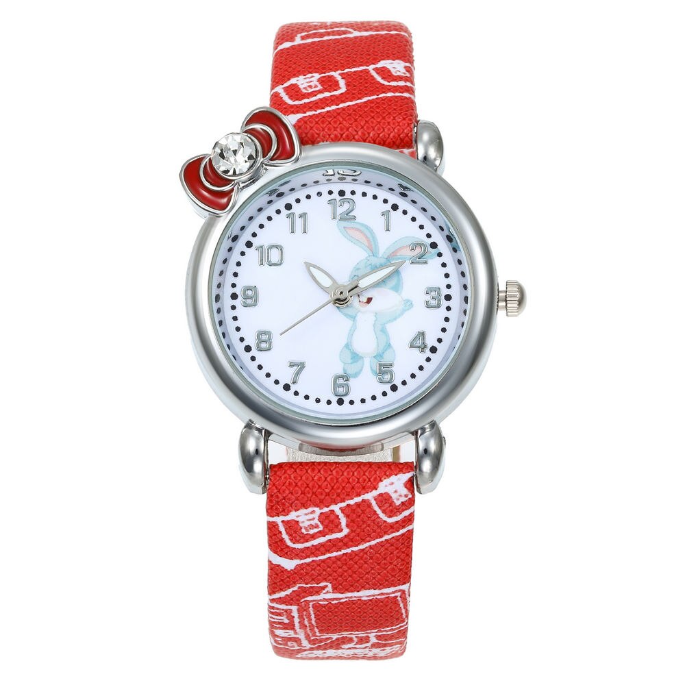 Cartoon Children Rabbit Watch Girl Kids Student diamond Leather Analog Wristwatches Lovely Pink watch reloj: Rood