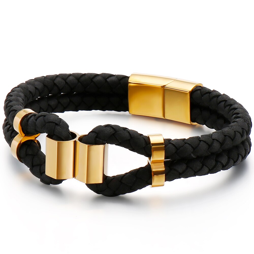 Brazaletes de cuero trenzado de doble capa para hombre brazalete Heren con cierre magnético pulsera para hombre Oro Negro S. Gota de acero