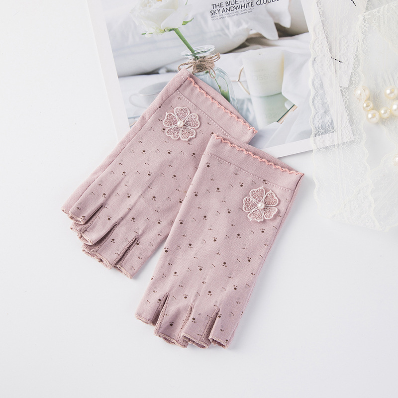 Gants de protection solaire pour femmes, en coton, UV, perle, Sport, cyclisme, conduite, écran tactile, demi-doigt, moufle, fleur, point, O22: A Purple