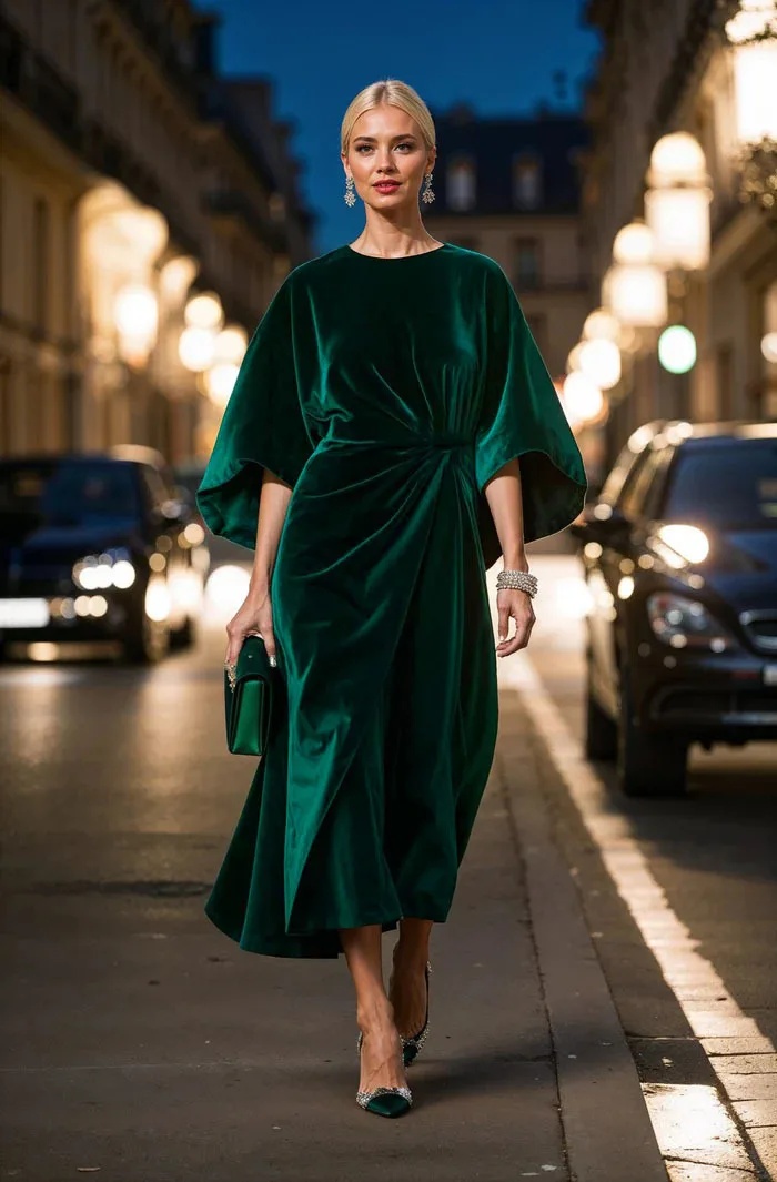 Velvet Waist-Cinching Dress with Batwing Sleeves And round Neck for Women Fashionable And Stylish Long Ankle-Length Gown: XL / green