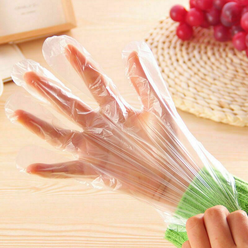 100Pcs Disposable Clear Polythene PE Gloves Plastic Food Safe Cleaning Glove