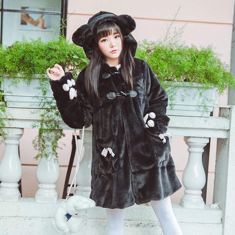 Abrigo de felpa estilo universitario japonés de invierno de lolita dulce, grueso, lindo, con botones de cuerno de gato, abrigo mediano largo, abrigo de chica kawaii loli